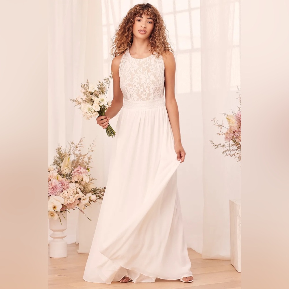 Lulu’s Forever and Always White Lace Maxi Dress Size M